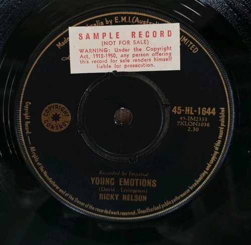 RICKY NELSON Young Emotions / Right By My Side - 1960 Aussie Gold LONDON 45