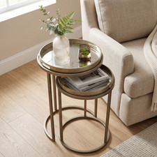 Set of 2 Nesting Tables Set, Intricate Metal Frames with Decorative Mirror Top