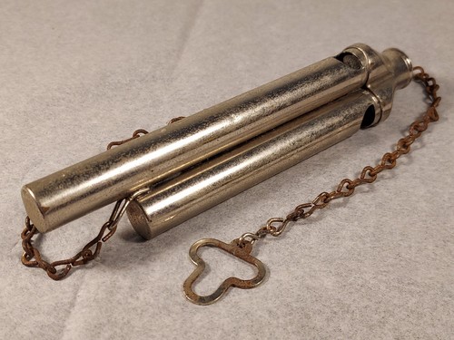 Vintage 3 Barrel Train Conductor Signaling Whistle with Chain & Clip 6" Long