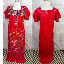 Vtg 60s 70s Oaxaca Mexican Dress peasant M Embroidered Floral Folk Red Frida