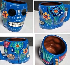 Hand Painted Sugar Skull Day Día de Muertos Clay Kiln Fired Mug 4" New