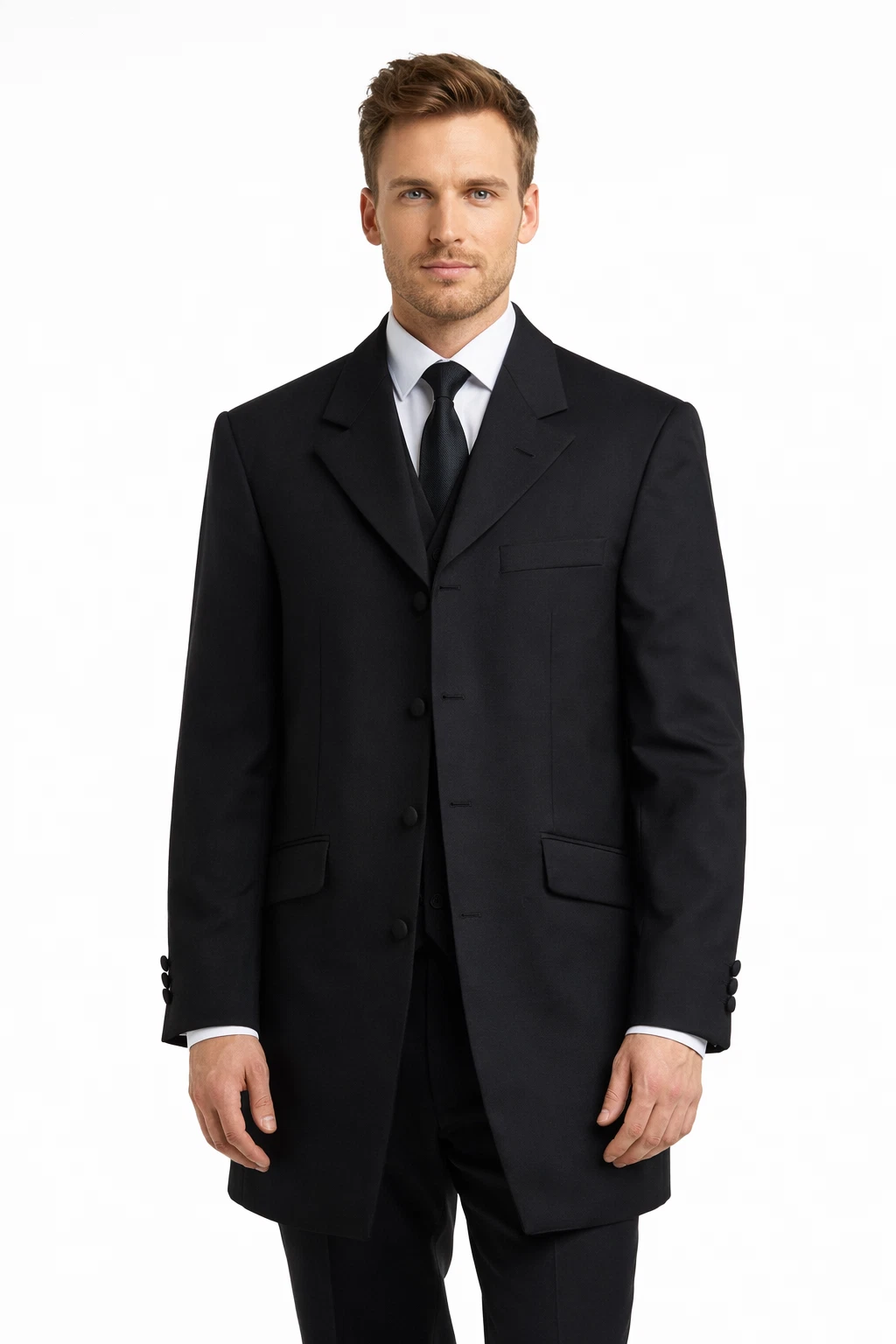 Black Prince Edward Jacket Plain Funeral Formal Coat 3/4 Knee Length 100% Wool
