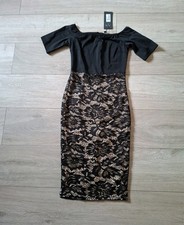 AX Black & Nude Lace Bardot Neck Bodycon Dress BNWT Wiggle Evening Party UK6