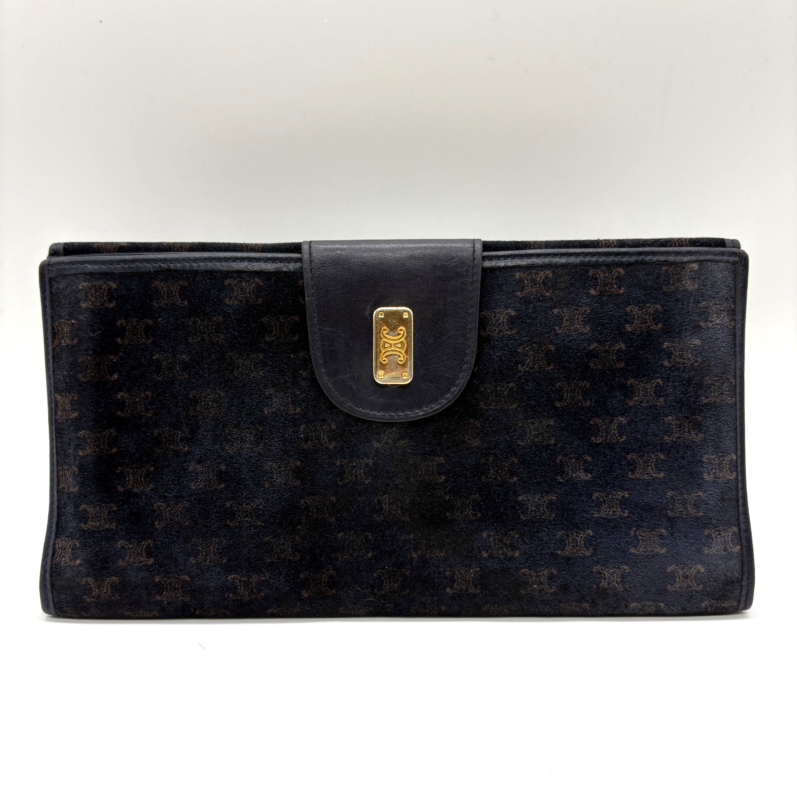 CELINE Long Wallet Bifold Macadam Suede Navy Gold Purse Vintage Authentic!