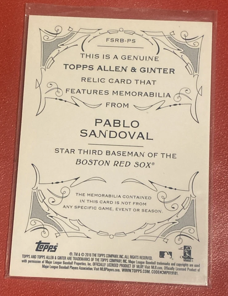 2016 Allen & Ginter Pablo Sandoval Game Used Jersey #FSRB-PS Red Sox - Image 2 of 2
