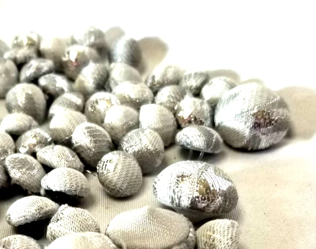 71 Silver Print Cloth Covered Dome Shank Buttons Tuxedo Gowns Crafts 7 Lg 64 Sml - Image 3 of 4