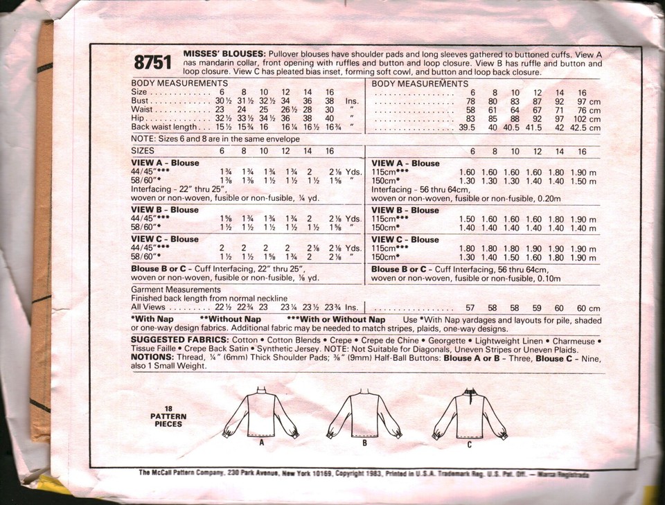 8751 Vintage McCalls Sewing Pattern Misses 1980s Pullover Blouse ...