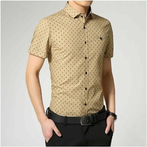 New Mens Dress Shirts Short Sleeves Casual Slim Fit Polka Dot Multicolor Shirts - Picture 13 of 14