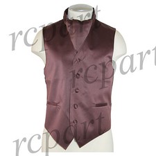 New Men's Formal Tuxedo Vest Waistcoat solid Ascot cravat brown Prom