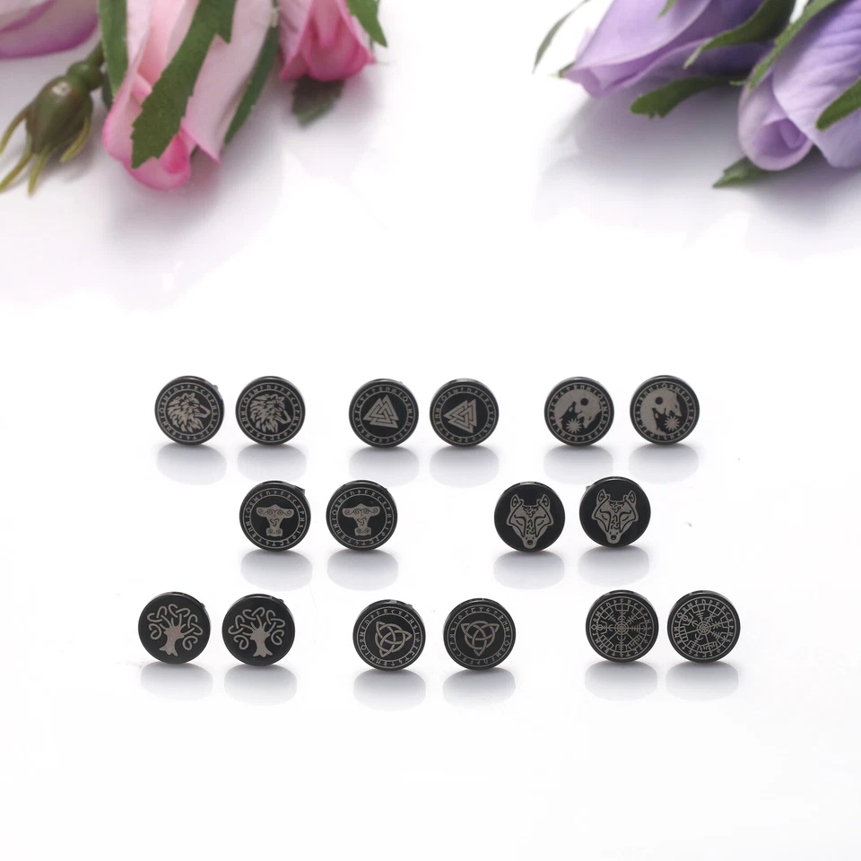 8 pares de aretes de oreja negros de acero inoxidable con runas de lobo vikingo para hombre mujer Foto 2 de 4