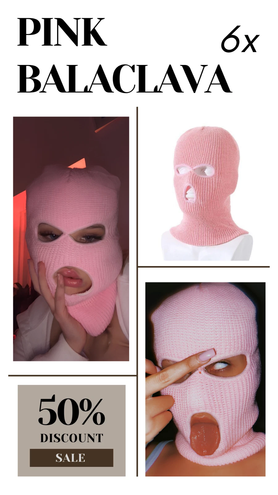 Women's Pink Winter Knit Balaclava Ski Snowboarding Face Cover Neck Gaiter X6pcs