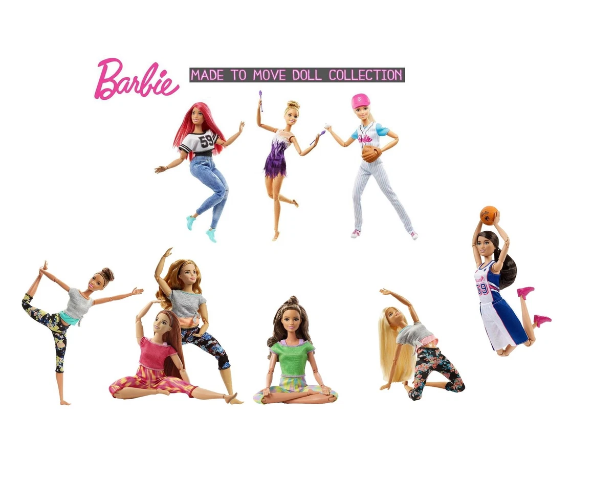 Muñecas Barbie Made to Move con 22 articulaciones y ropa de yoga, estampado  floral, color gris