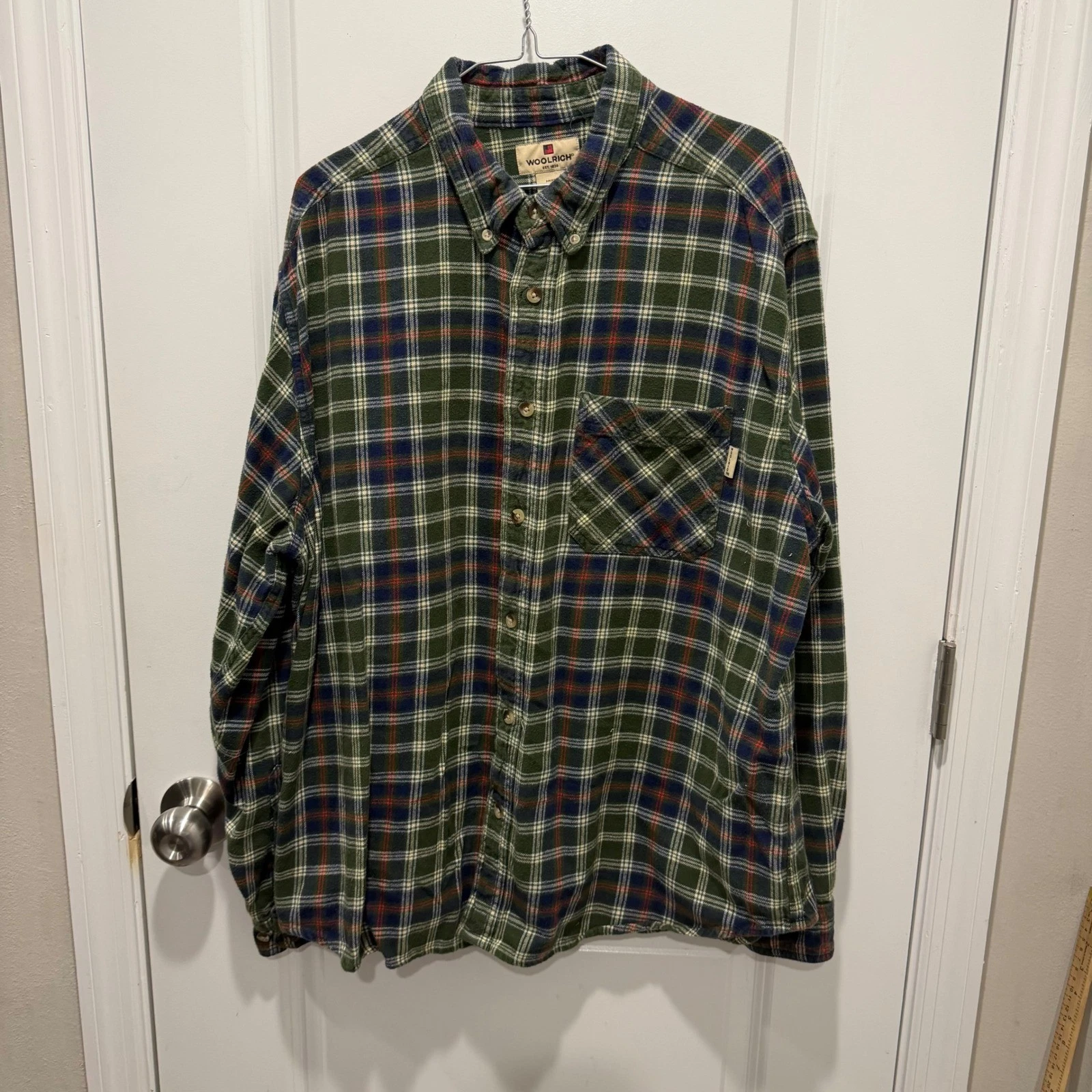 Woolrich Mens Plaid Button Down Flannel Shirt Green Blue XL