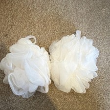 Image of 2x White Nylon Exfoliating Bath Shower Loofah Pouf Sponges with Handle