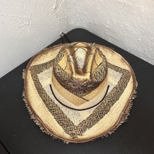 Distressed Straw Cowboy Hat Western Frayed Brim Beach Festival Hat