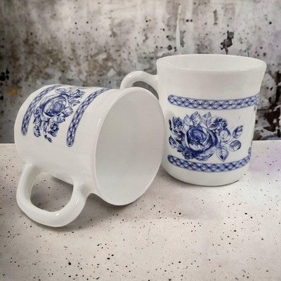 Arcopal Honorine Cup Coffee Mug France Blue White French Rose Set of 2