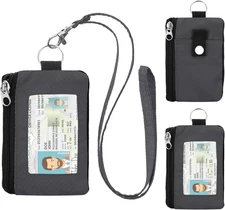 Minimalist RFID Wallet with Lanyard, Multi-Functional ID Case with 2 Zipper Pock