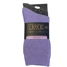 2 Pr Luxe Cashmere Blend Crew Socks Shoe Sz 6-11  Purple Diamond Gray Cable NEW