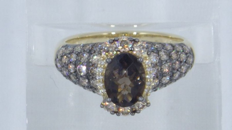 LeVian 14K Yellow Gold Cocktail Ring with 2.34 TCW Smoky Quartz & Diamond Size 7