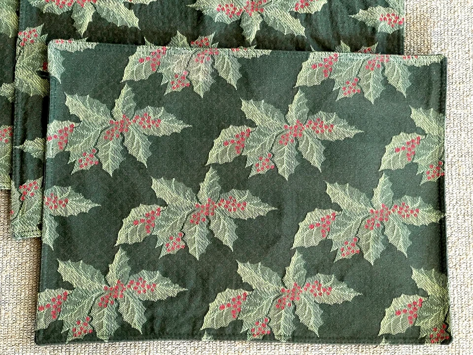 Amrose Holly Berry Red Green Tapestry Placemats Christmas Set of 6 NWT 13" x 18" - Image 3 of 4