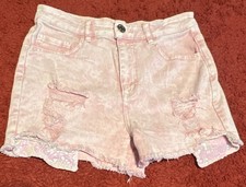 Justice Girls Pink Tie-Dye Denim Jean Shorts Size 14 Sequin Distressed