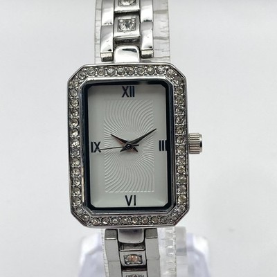Modern Women's Watch Silver Tone Crystals Textured Dial Bling New Battery 6.75''