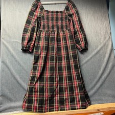 J.Crew Women Dress Size L Black Red Plaid Smocked Long Sleeve Midi Cotton Blend