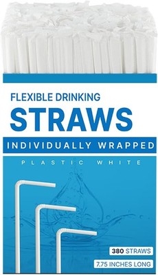 Plastic White Flexible Drinking Sts 380 Bulk, Indivily Wrapped