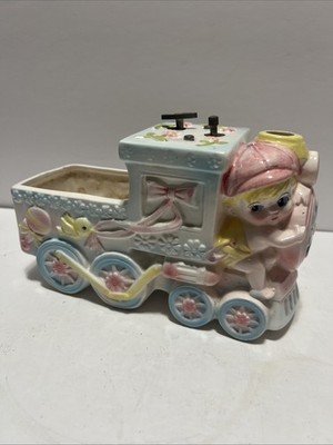 Vtg Rubens Baby Nursery Planter Japan Train Music Box 1950s Ceramic Pink Blue