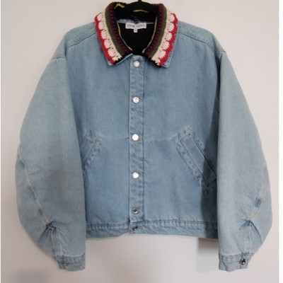 Stine Goya 2453 Double Rinse Denim Cropped Bomber Jacket Crochet Collar Blue M