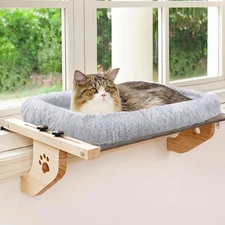 Cat Sill Window Perch Sturdy Hammock Window Seat with Cushion Cover, Wood  Me...