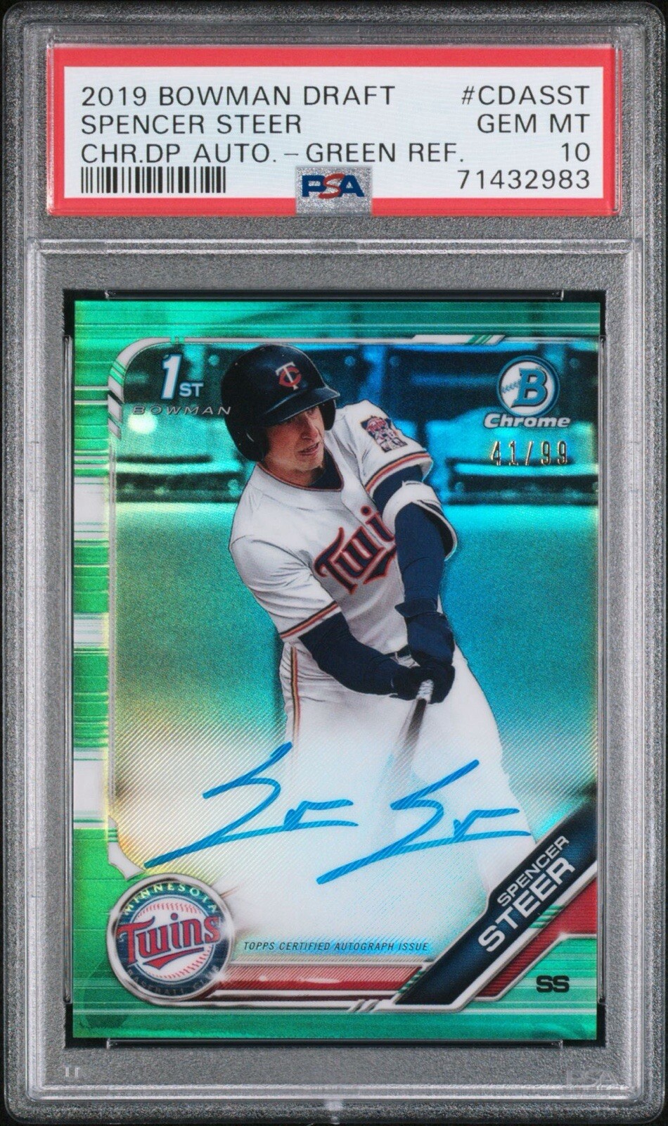 2019 SPENCER STEER BOWMAN CHROME GREEN REFRACTOR 1st AUTO AUTOGRAPH /99 PSA 10