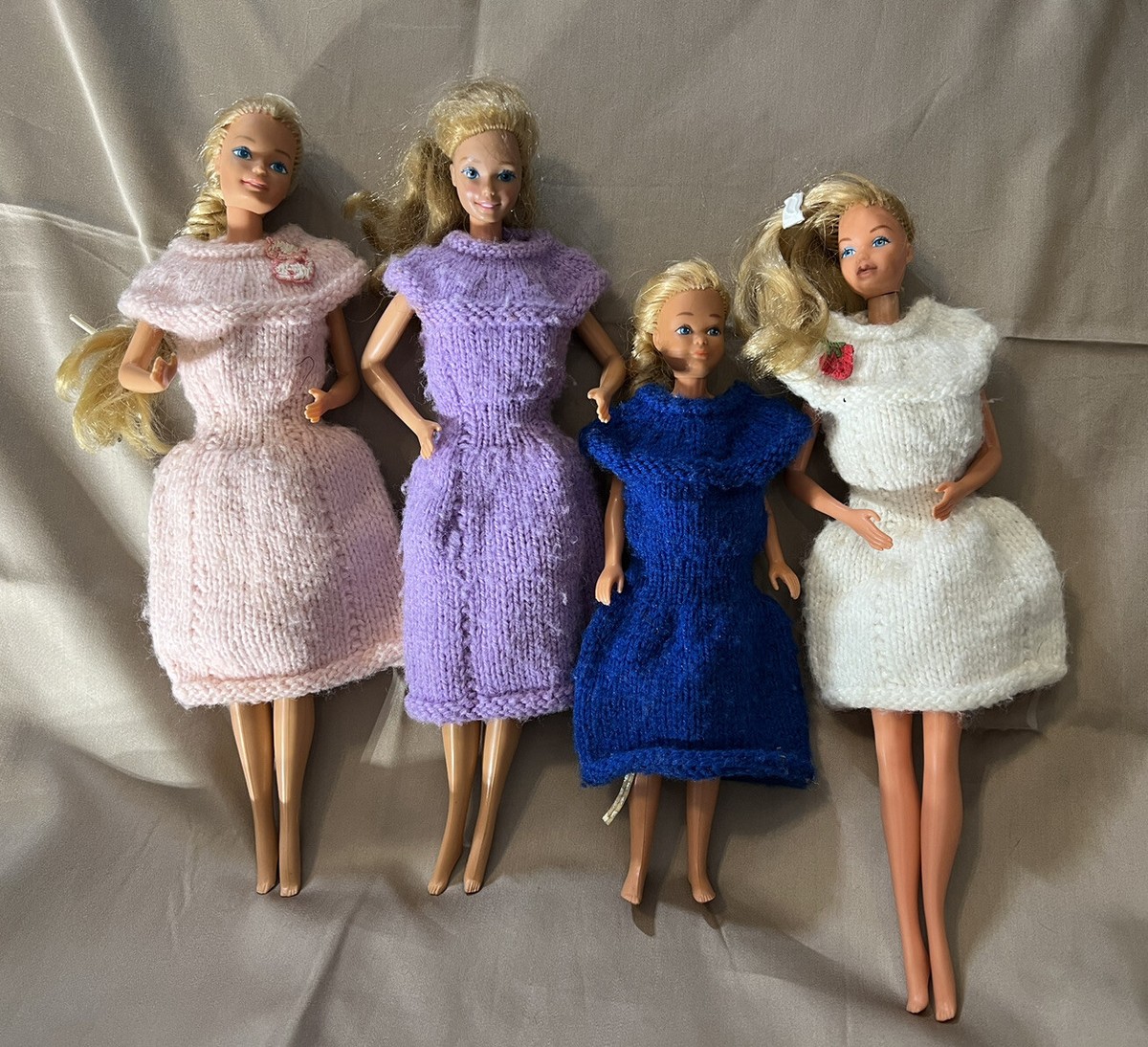 4 Vintage Knit Barbie /Skipper Dresses: white, pink, Blue, purple 