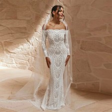 Boho Mermaid Wedding Dresses Off Shoulder Long Sleeves Lace Applique Bridal Gown