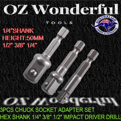 3pcs Chuck Socket Adapter Set Hex Shank to 1/4" 3/8" 1/2" Impact Driver Drill