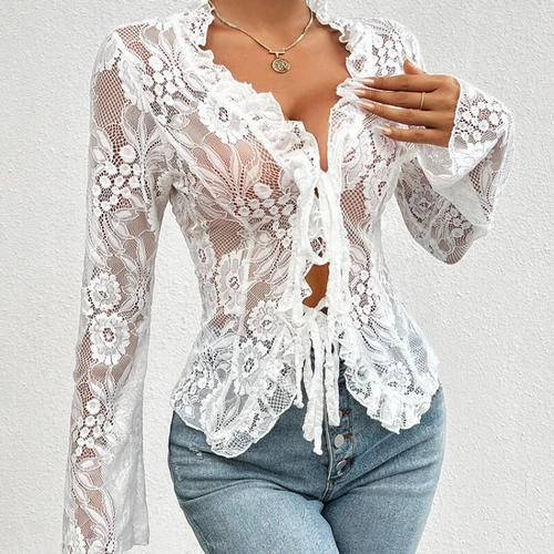 Sexy Damenbluse mit Blumenspitze zum Binden vorne durchsichtig V-Ausschnitt Cardigan Rüschenbluse - Bild 10 von 28