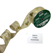 Kirkland Wire Edged Gold Ribbon 5 Yards Christmas Trees Decor Bow Gift Wrap 2.5"