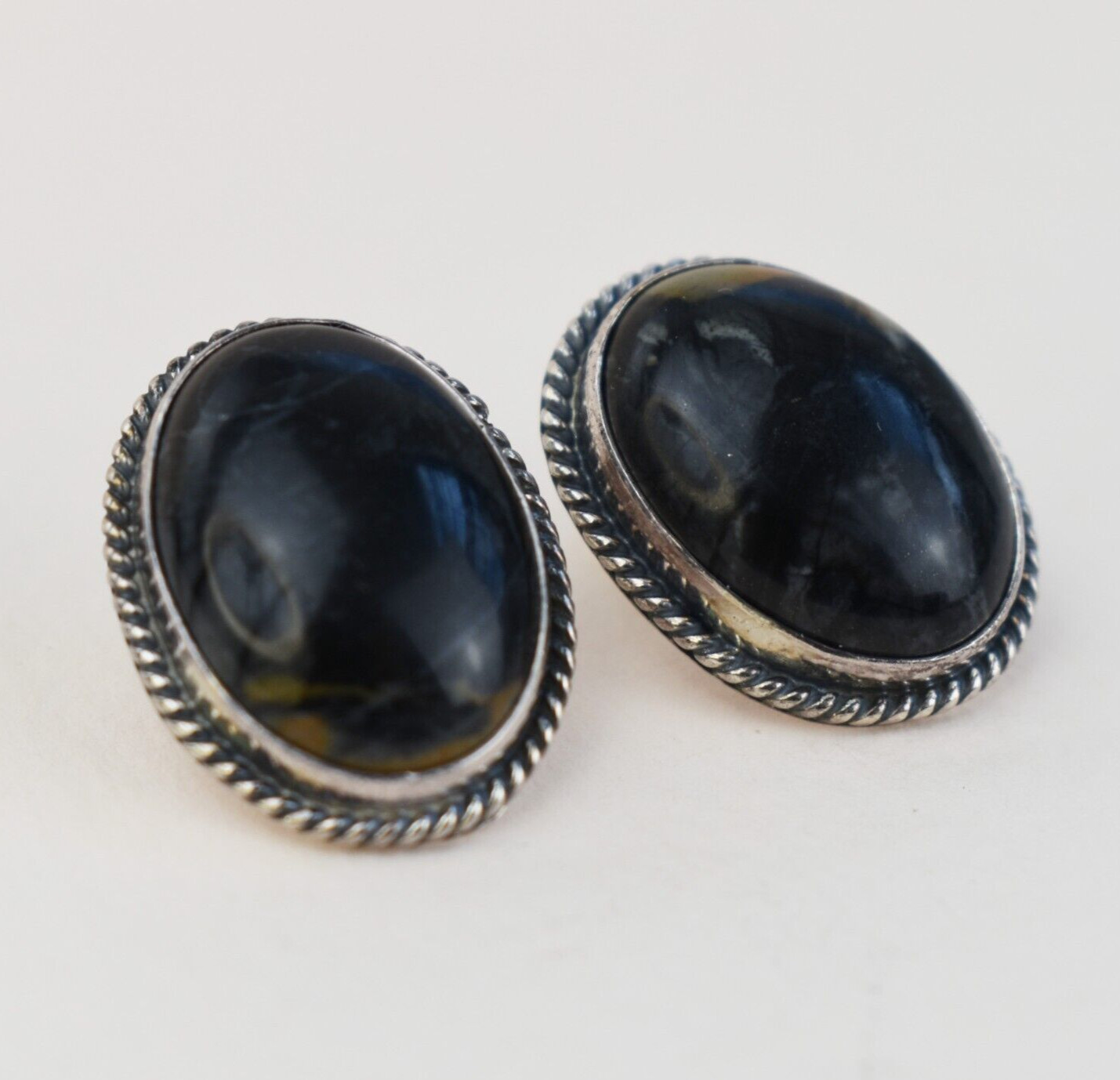 Large jasper earrings stud, statement black oval … - image 1