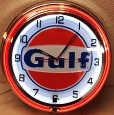 18" GULF Gasoline Motor Oil Gas Station Sign Double Neon Clock No Nox Gulftane