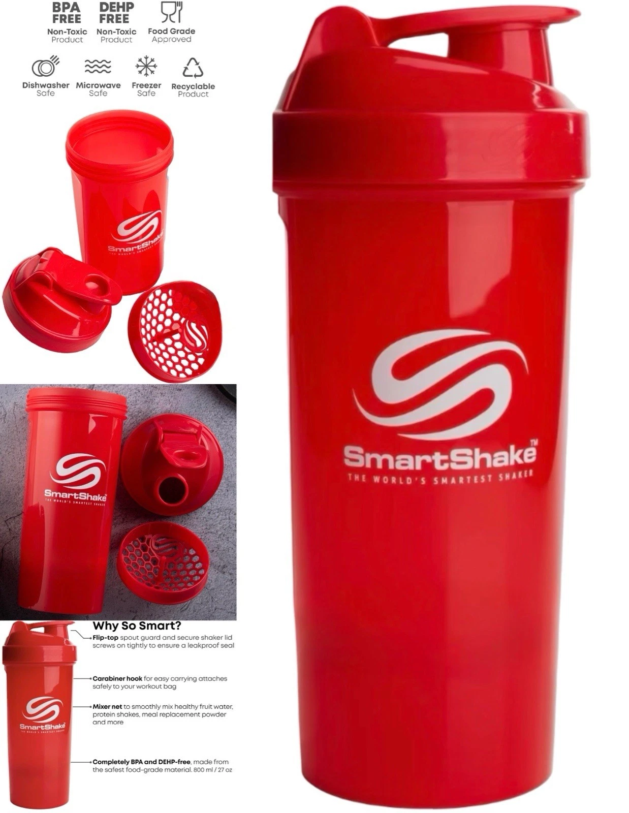 Smart Shaker Bottle Red 28 oz Protein Mixer Cup Leakproof BPA-Free Gym Water
Opens in a new window o