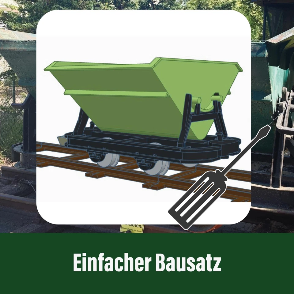 Kipplore mit Bremsbühne Grubenhunt Feldbahnwagen grün Spur-G Bausatz ML-Train - Bild 4 von 4