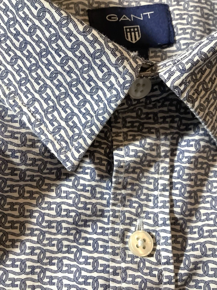 Camisa Manga Corta GANT Talla M 39 Blanca con Repetición Azul Patrón G Algodón Marruecos Foto 4 de 4