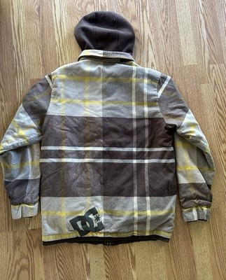 Y2K DC Skate Hoodie Flannel Jacket Mens XL Plaid Brown/Yellow Quilt Lined