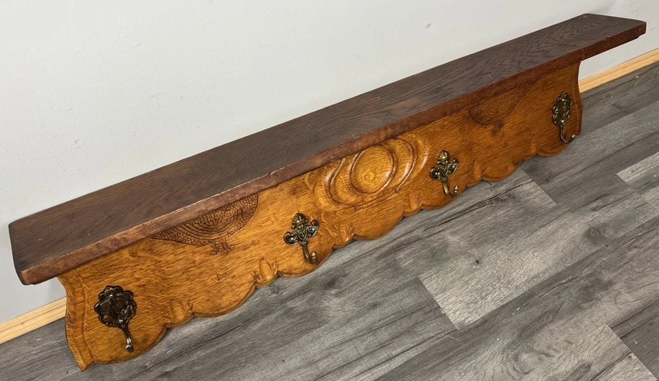 French Vintage Coat Rack Oak 4 Hooks Ornate Wall Shelf Carved Coat LOT 4444 - Image 3 of 4
