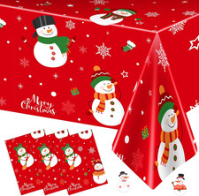 3 Pcs Christmas Tablecloth - Snowman Christmas Table Cover, Disposable Plastic..