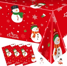 3 Pcs Christmas Tablecloth - Snowman Christmas Table Cover, Disposable Plastic..
