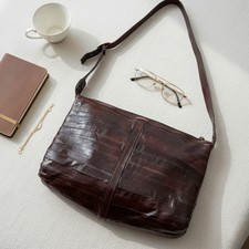 Vintage Genuine Eel Skin Leather Shoulder Bag Brown Made in Korea
