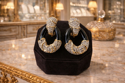 Vintage 90's CINER Black Enameled Gold-Toned Rhinestones CLIP EARRINGS L@@K WoW!
