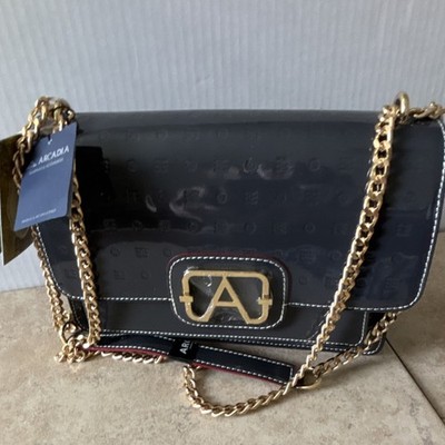 Arcadia Brown Patent Shoulder Bag Gold Chain Strap Logo Accent Italian Designer