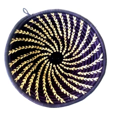 VTG 12" Woven Grass COIL TRIBAL BASKET Plum Vine Design Hanging Decorative Bowl